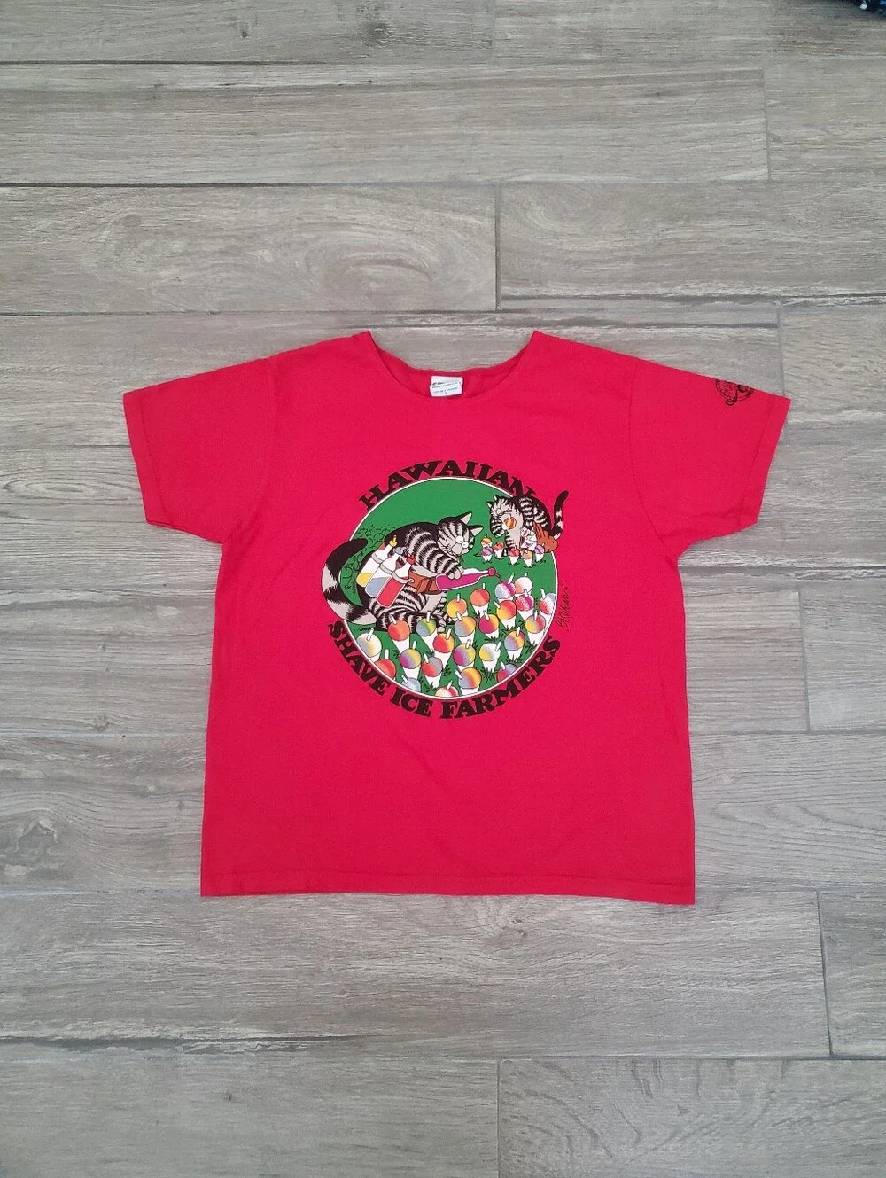 Crazy Shirts 100% cotton red Hawaiian shave ice farmers Kliban cat tee size S